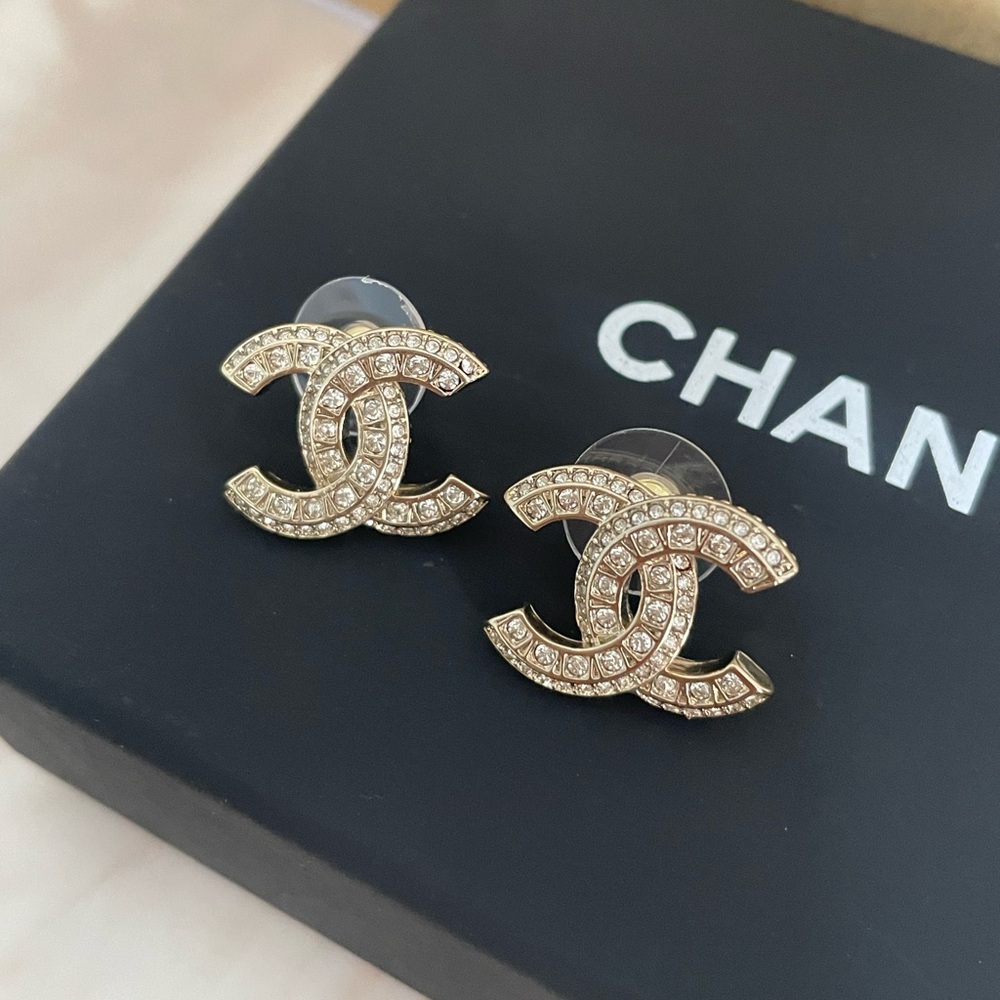 Chanel Classic CC Crystal Stud Earrings with Box